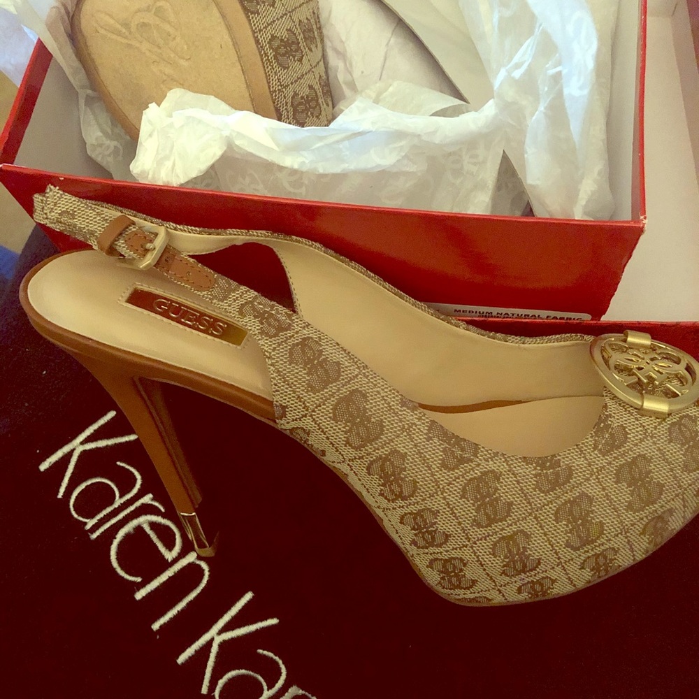 Tan & brown Guess logo on fabric sling pumps